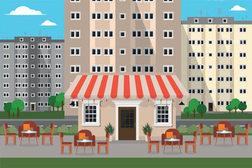 a restaurant cafe in the city among the houses with a table and chairs