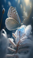 Plakat a spring season concept of a butterfly in a frozen snowy forest, new beginnings transformation