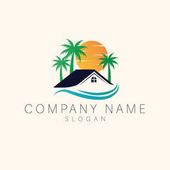 House, palms and sun logo vector illustration. Luxury vacation logotype. Summer Travel logo template.