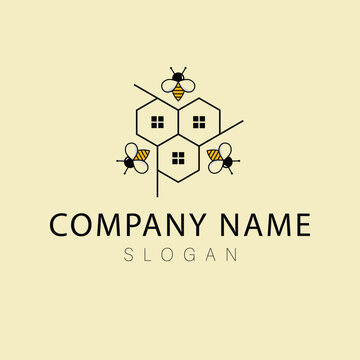 Bee and house logo design. Honey bee logo and emblem vector. Elegant logo for real estate company.