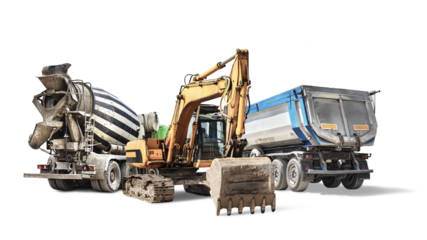 Concrete mixer, dump truck and crawler excavator loader close-up on a white isolated background.Construction equipment for earthworks. Rental of construction equipment. element for design.