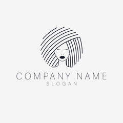 Woman with long black hair and red lips logo design. Vector logo emblem for beauty industry. Circle logotype. Luxury logo design.