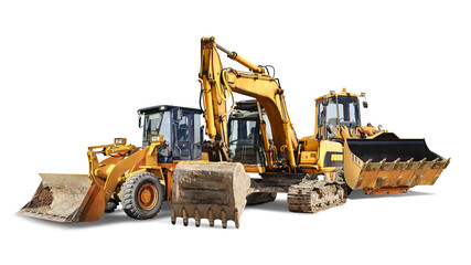Excavator and two bulldozer loader close-up on a white isolated background.Construction equipment...
