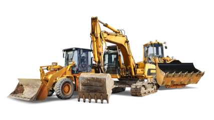 Excavator and two bulldozer loader close-up on a white isolated background.Construction equipment for earthworks. element for design. Rental of construction equipment.
