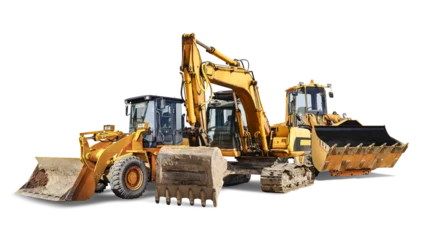 Foto op Aluminium Excavator and two bulldozer loader close-up on a white isolated background.Construction equipment for earthworks. element for design. Rental of construction equipment. © Anoo