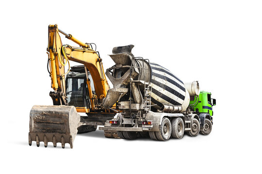 Concrete mixer and crawler excavator loader close-up on a white isolated background.Construction equipment for earthworks. Rental of construction equipment. element for design.