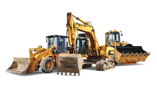 Excavator and two bulldozer loader close-up on a white isolated background.Construction equipment for earthworks. element for design. Rental of construction equipment.