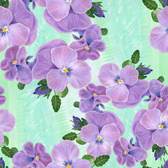 Seamless pattern. Pansy flowers, violets - buds and leaves on a watercolor background. Collage of flowers and leaves. Use printed materials, signs, objects, websites, maps.