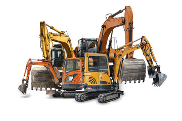 Group of different excavators isolated on white background. Mini excavators. Ground excavators....