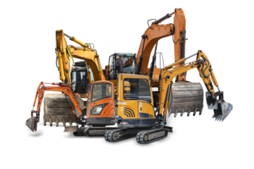 Group of different excavators isolated on white background. Mini excavators. Ground excavators. Rental of construction equipment. Modern building equipment for earthworks. element for design.