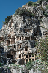 Ruins of Rock-cut tombs in ancient Lycian city of Myra. Lycian way, Demre, Antalya province, Turkey.