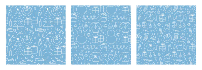 Set of cute xmas seamless patterns with doodles on blue background. Christmas trees, snowmen, gifts, garlands and other. Vector hand-drawn illustration. Perfect for wrapping paper, decorations, print.