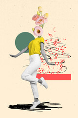 Vertical collage picture of black white gamma girl rose flowers instead head dancing drawing melody...