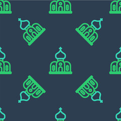 Line Church building icon isolated seamless pattern on blue background. Christian Church. Religion of church. Vector