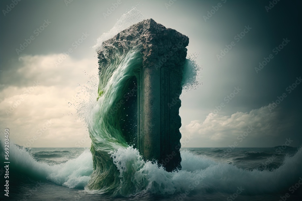 Poster stunning view of waves crashing on a moss-covered stone column generative ai