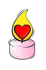 Pink Valentines Day candle with a red heart in flames.