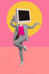 Collage picture image of famous girl celebrity tv set instead face showing translation live stream...