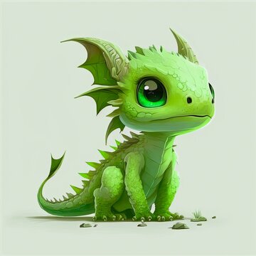 Pretty green dragon with blue eyes, cartoon character. Green baby dinosaur, pretty creature. © Hanna