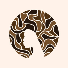 African american woman with afro hair style illustration. Vector logo emblem for beauty industry. Head in circle logotype.