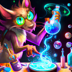 Cat mad magic mixing sparkling chemicals