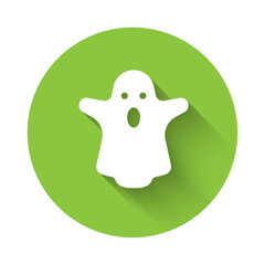 White Ghost icon isolated with long shadow background. Happy Halloween party. Green circle button. Vector