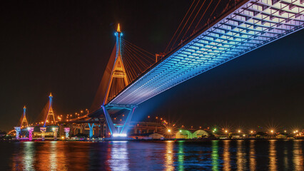 Fototapeta na wymiar Bhumibol Bridge, Turn on the lights in many colors at night.