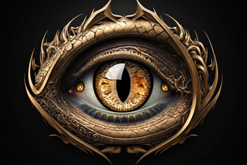 Stunningly Exotic Dragon Eye, golden metallic Symmetrical Design on Black Background, AI Generative