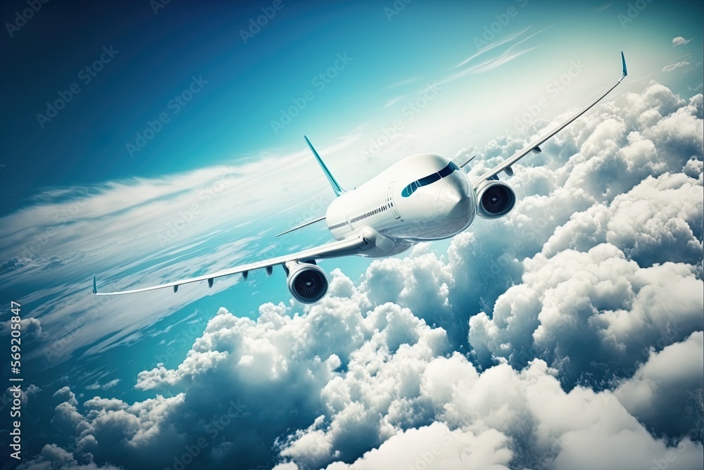 Poster passenger planes soar high above the clouds and azure sky. generative ai