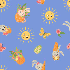 Easter seamless pattern. Rabbits, sun, butterflies. Design for fabric, textile, wallpaper, packaging.	
