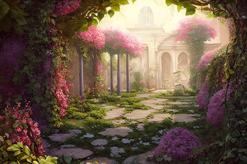 Ancient secret garden with columns and flowers wallpaper