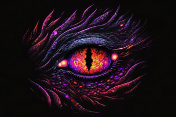 Stunningly Exotic purple neon Dragon Eye Symmetrical Design on Black Background, AI Generative