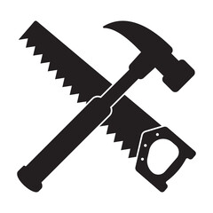 Hammer and saw  silhouette, woodworker tool icon, woodworking vector symbol.