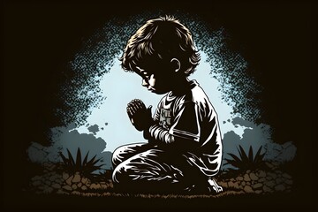 Child kneeling in prayer to god, vector. Generative AI.
