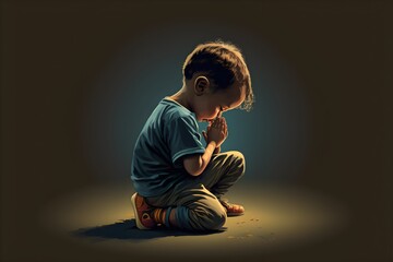 Child kneeling in prayer to god, vector. Generative AI.