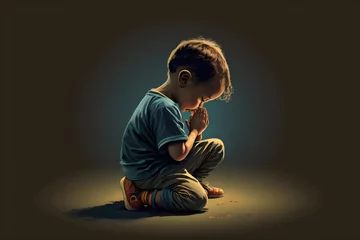 Foto op Plexiglas Child kneeling in prayer to god, vector. Generative AI. © unik