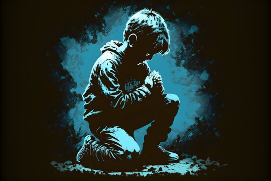 Child kneeling in prayer to god, vector. Generative AI.