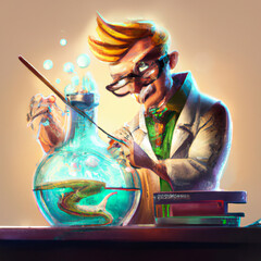 Arowana mad scientist mixing sparkling chemicals