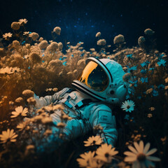 foto di alta qualità della trama dell'astronauta sdraiato in un prato di fiori ciano, ora d'oro