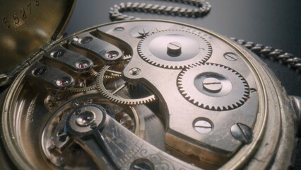 Internal working mechanism of an antique pocket watch on a gray background. Reverse side of a...