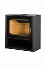 Modern fireplaces for heating from metal and heat-resistant glass. Boiler for solid fuel isolated on white background.