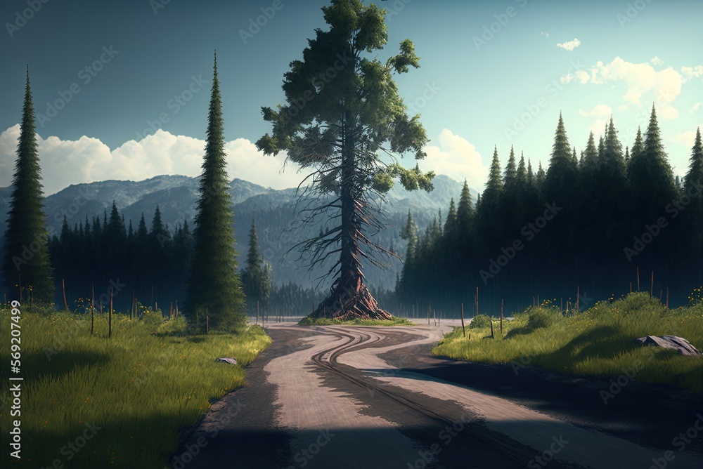 Poster a natural setting replete with pine trees and winding roads. Generative AI