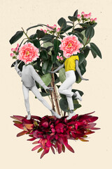 Vertical collage image of two mini black white colors people dancing huge fresh flower instead head...