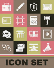 Set Bribe money bag, Safe, Judge gavel, Justice law in shield, Prison window, Briefcase and Evidence and bullet icon. Vector