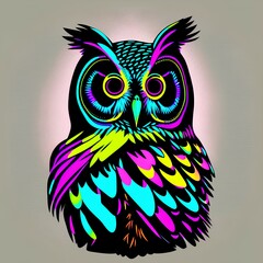 Obraz premium Owl. Abstract, neon, graphic portrait of an owl in the style of pop art on a black background. Digital vector drawing - generative ai
