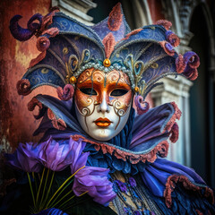 Woman wearing a colorful carnival mask and costume at a traditional Venetian carnival, Generative AI