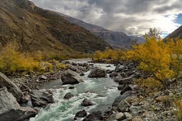 Russia. The South of Western Siberia, the Altai Mountains. A fascinating autumn view of the rocky...
