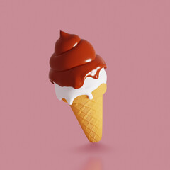 Sweet food icon. Vanilla Ice cream cone with chocolate topping. 3d render
