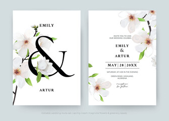 Elegant wedding invitation, save the date set. Magnolia branch: cream white flowers, greenery leaves decoration. Editable floral watercolor style vector art Illustration. Delicate spring card template