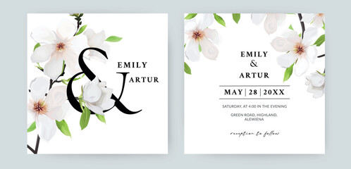 Elegant minimalist wedding invitation, save the date set. White magnolia flowers, green leaves bouquet. Editable floral watercolor style vector art Illustration. Stylish modern greeting card template