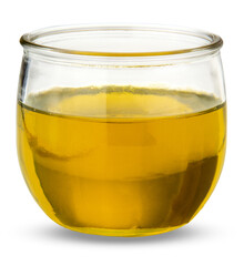Extra virgin olive oil in glass cup, cut out
